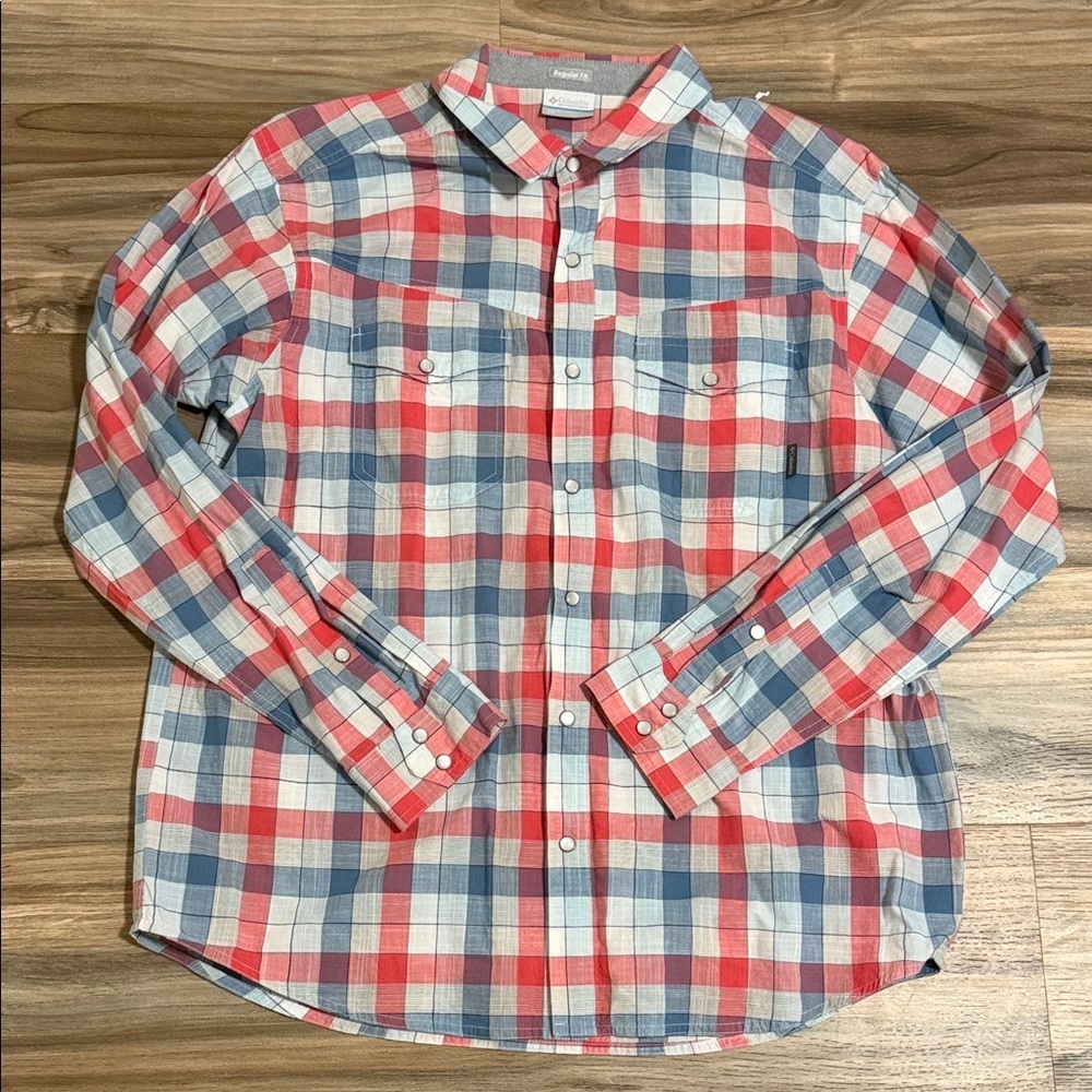 Columbia Pearl Snap Shirt Long Sleeve Plaid Red Blue Men’s Sz. Large Cotton
